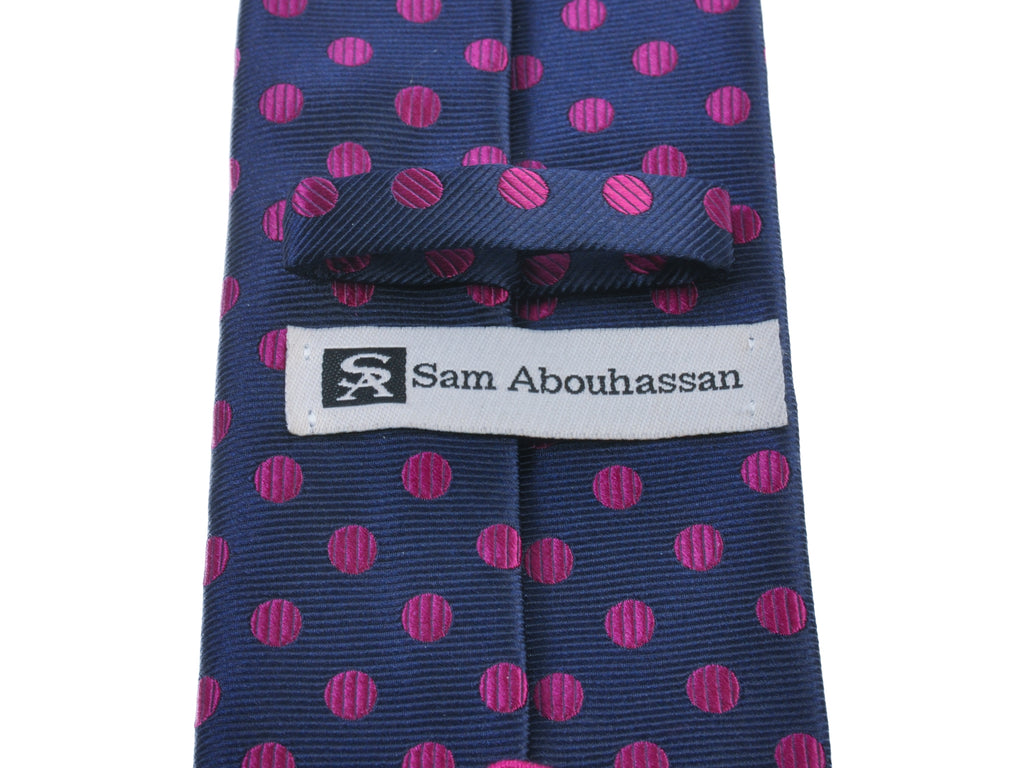 Sam Abouhassan Fuschia on Navy Blue Polka Dot Silk Tie