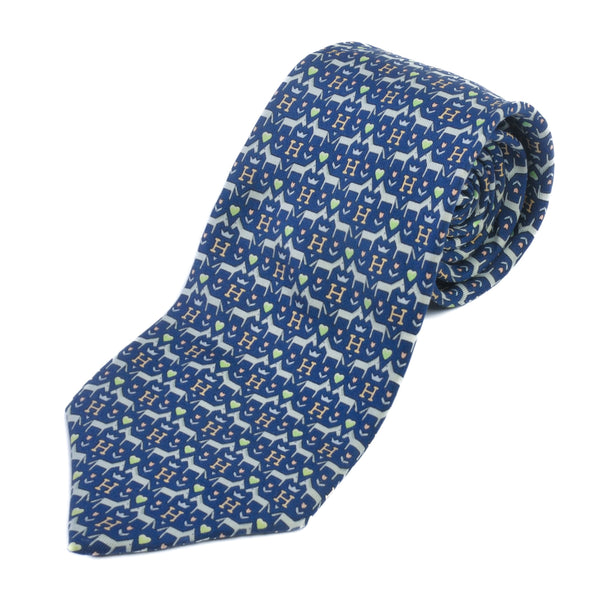 Hermes Blue Horses and Hearts Print Silk Tie