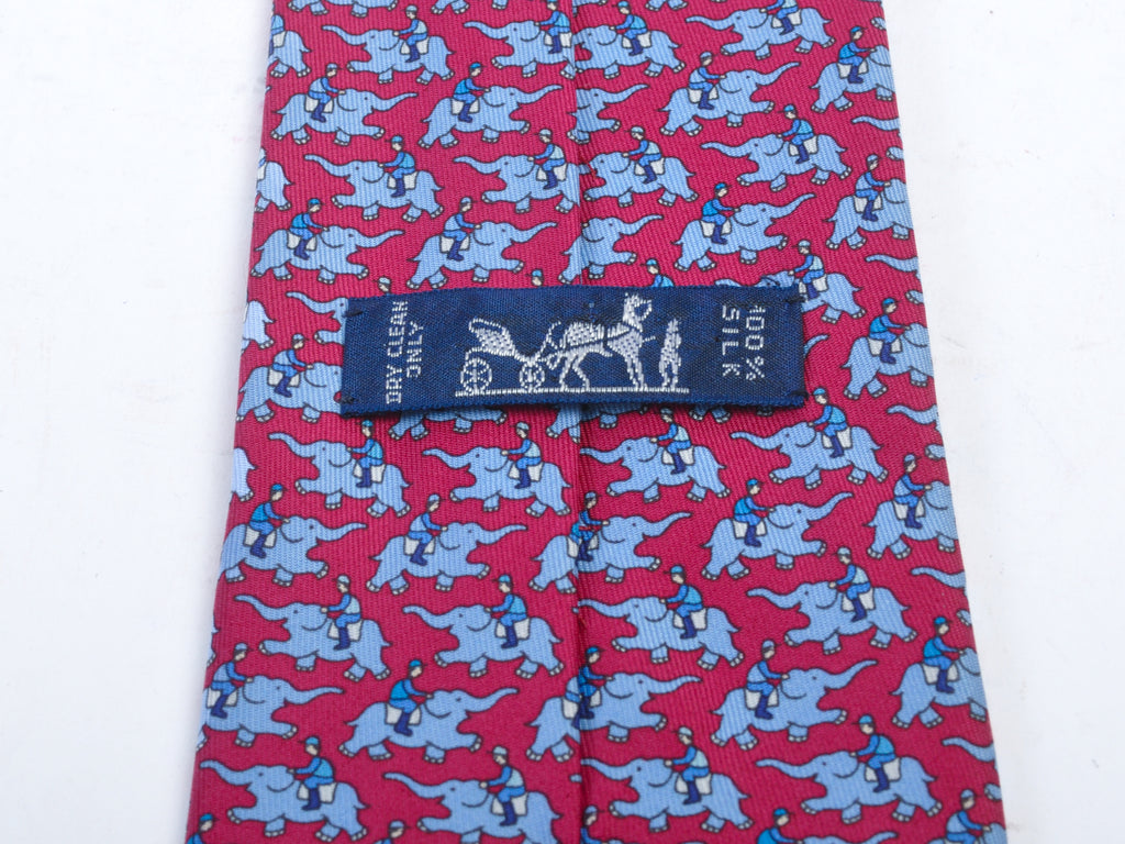 Hermes Baby Blue on Deep Red Elephant Print Silk Tie