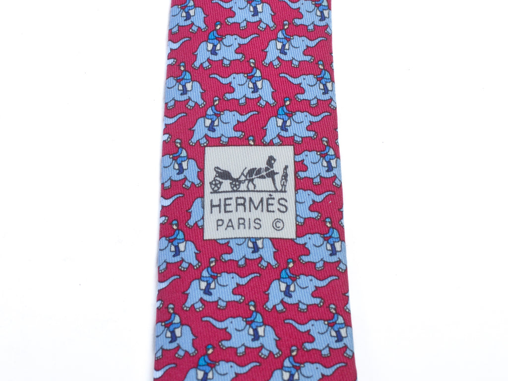 Hermes Baby Blue on Deep Red Elephant Print Silk Tie