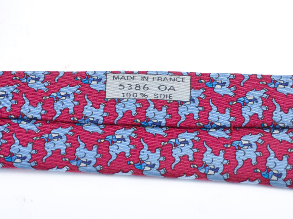 Hermes Baby Blue on Deep Red Elephant Print Silk Tie