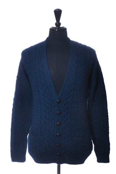 Aran Blue Merino Wool Cable Knit Cardigan Sweater