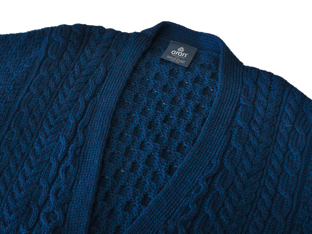 Aran Blue Merino Wool Cable Knit Cardigan Sweater