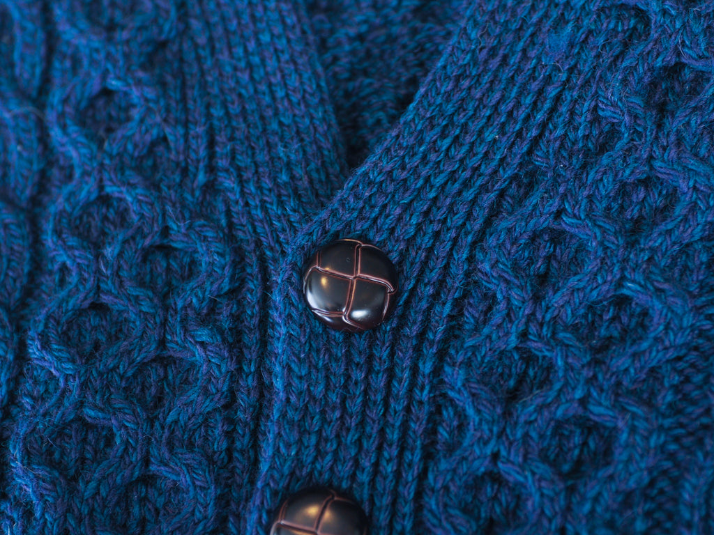 Aran Blue Merino Wool Cable Knit Cardigan Sweater