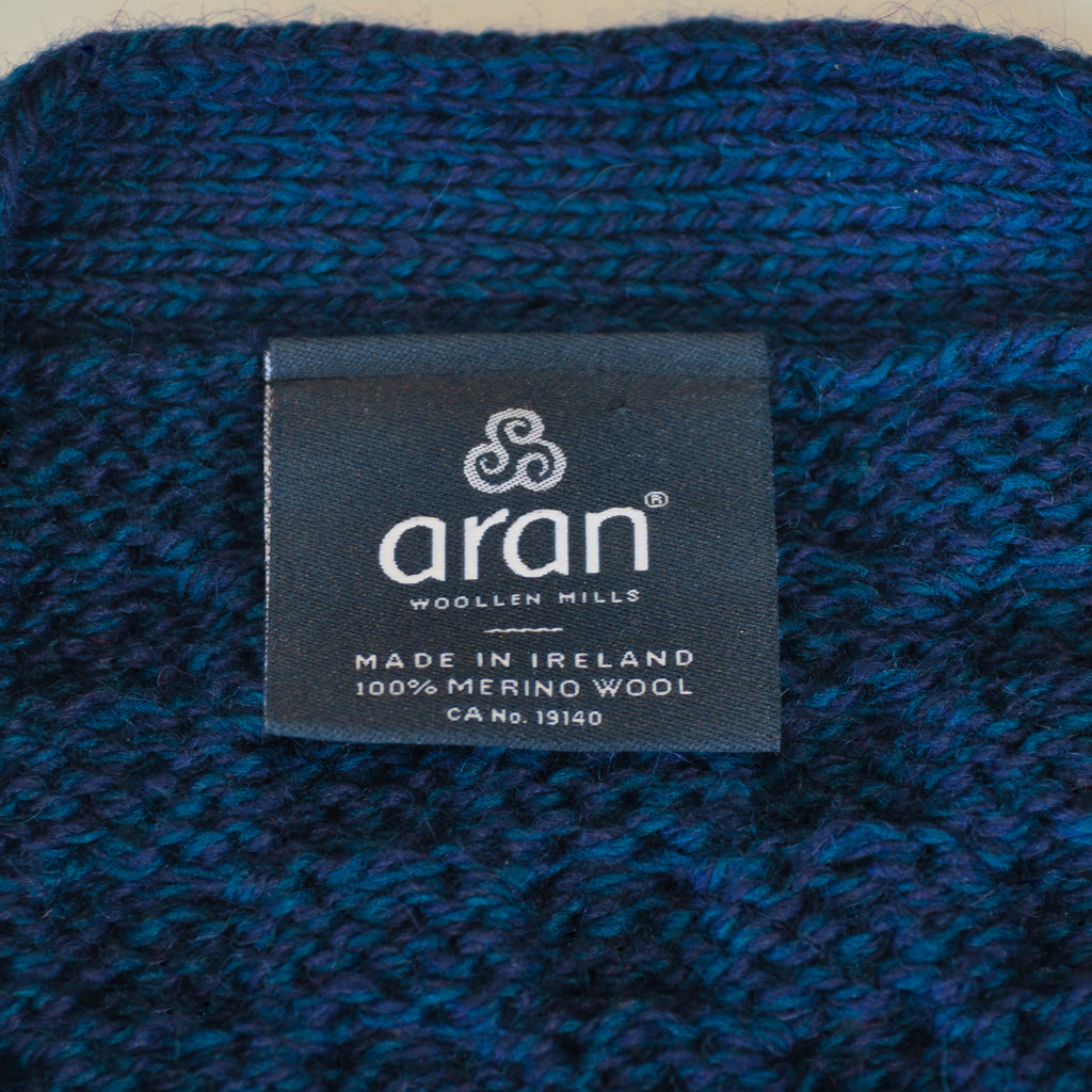 Aran Blue Merino Wool Cable Knit Cardigan Sweater