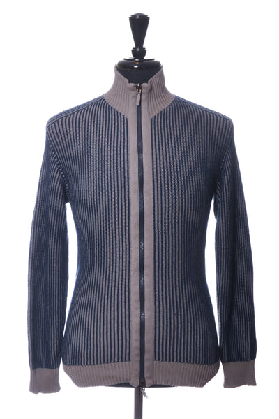 Trip in a Bag Blue on Grey Striped Full Zip Sweater
