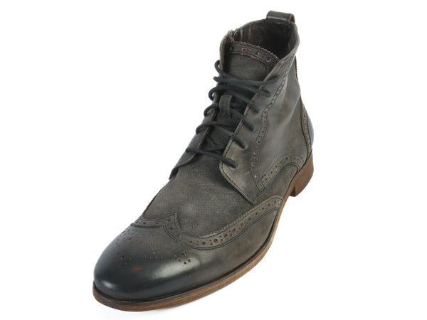 John Varvatos Black Distressed Leather and Canvas Boots
