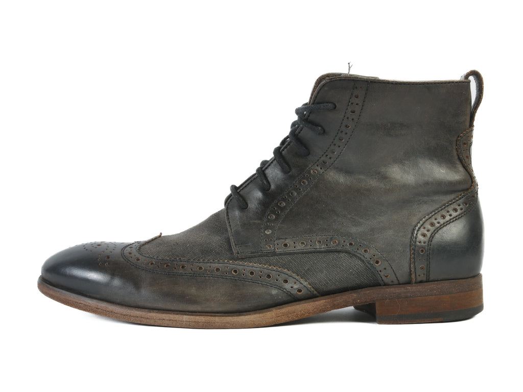 John Varvatos Black Distressed Leather and Canvas Boots