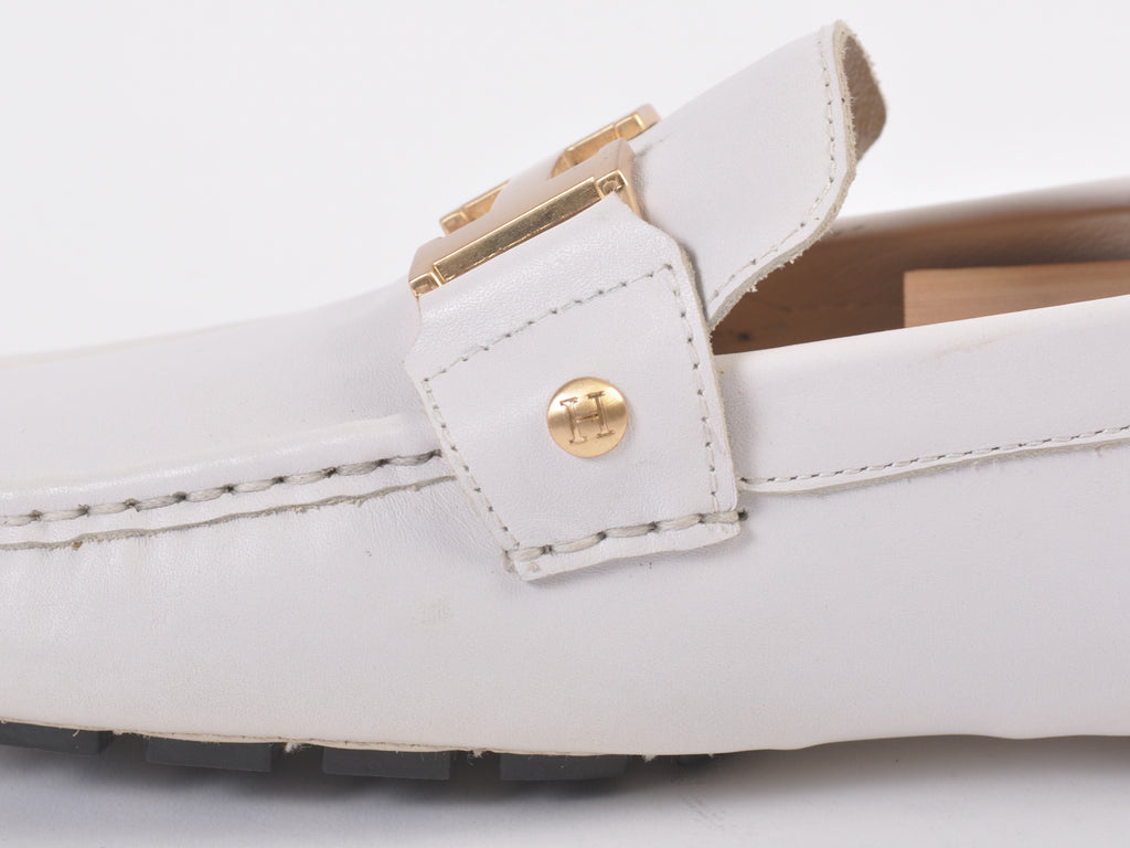 Hermes White Leather Driving Loafers