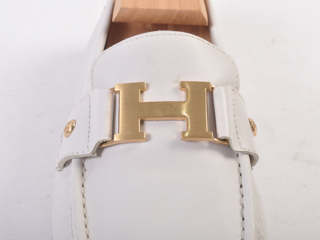 Hermes White Leather Driving Loafers