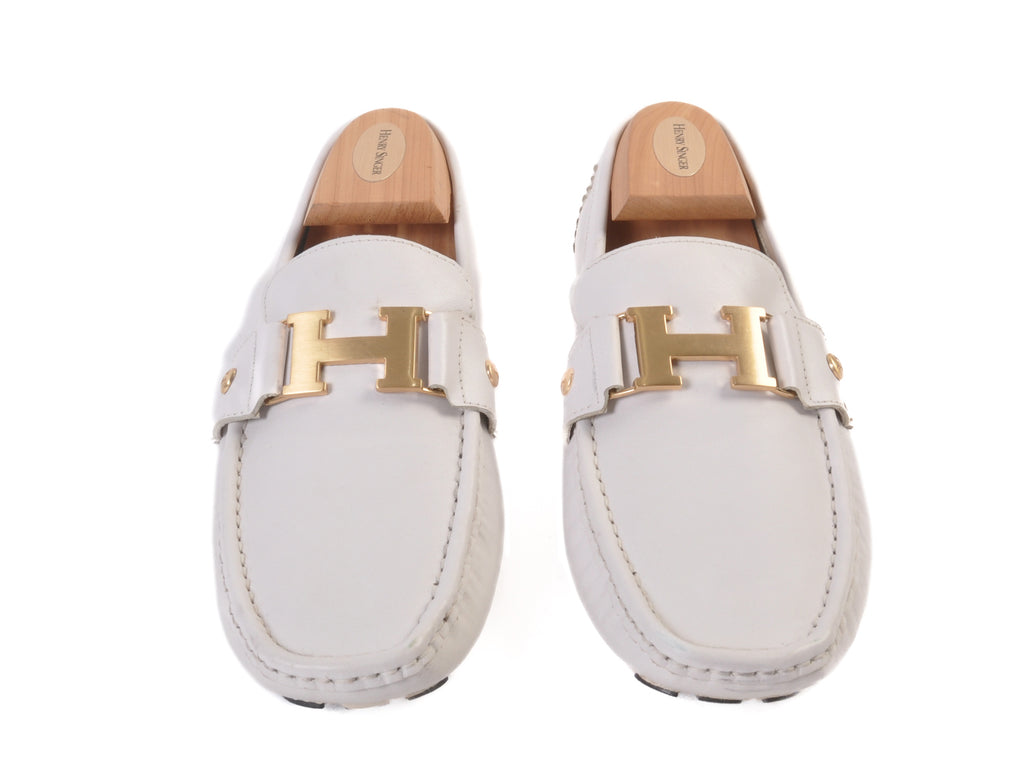 Hermes White Leather Driving Loafers