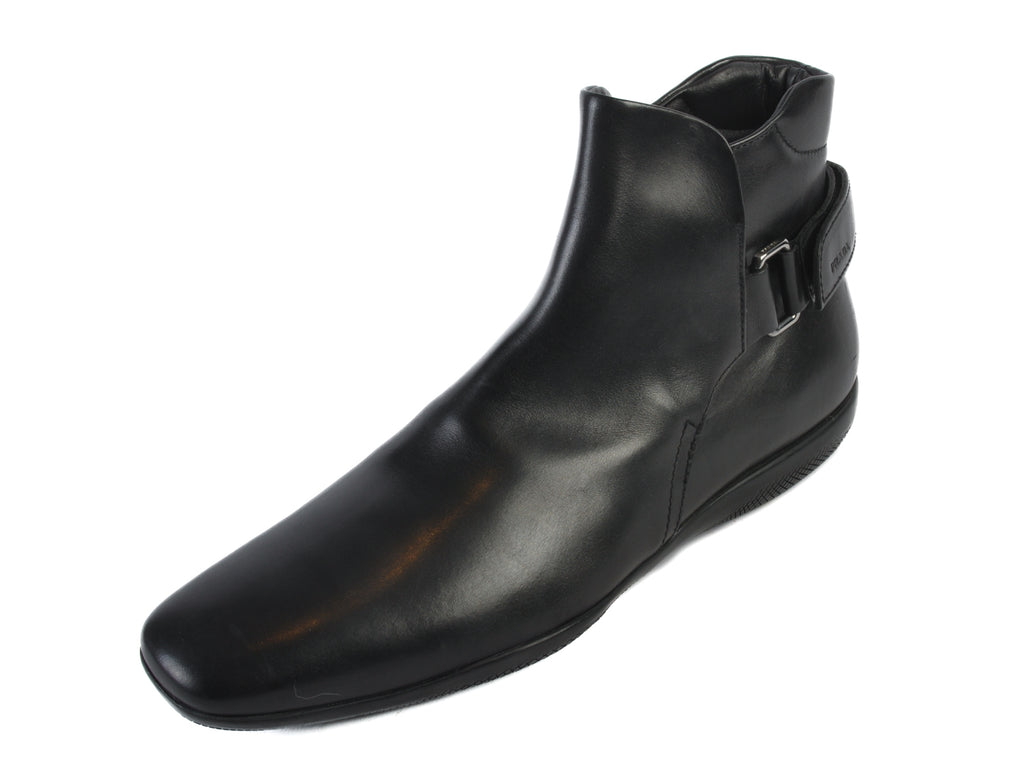 Prada Black Leather Heel Strap Boots