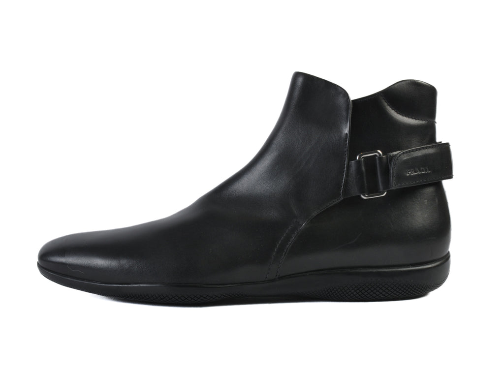 Prada Black Leather Heel Strap Boots