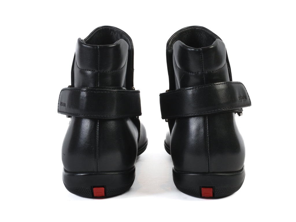 Prada Black Leather Heel Strap Boots