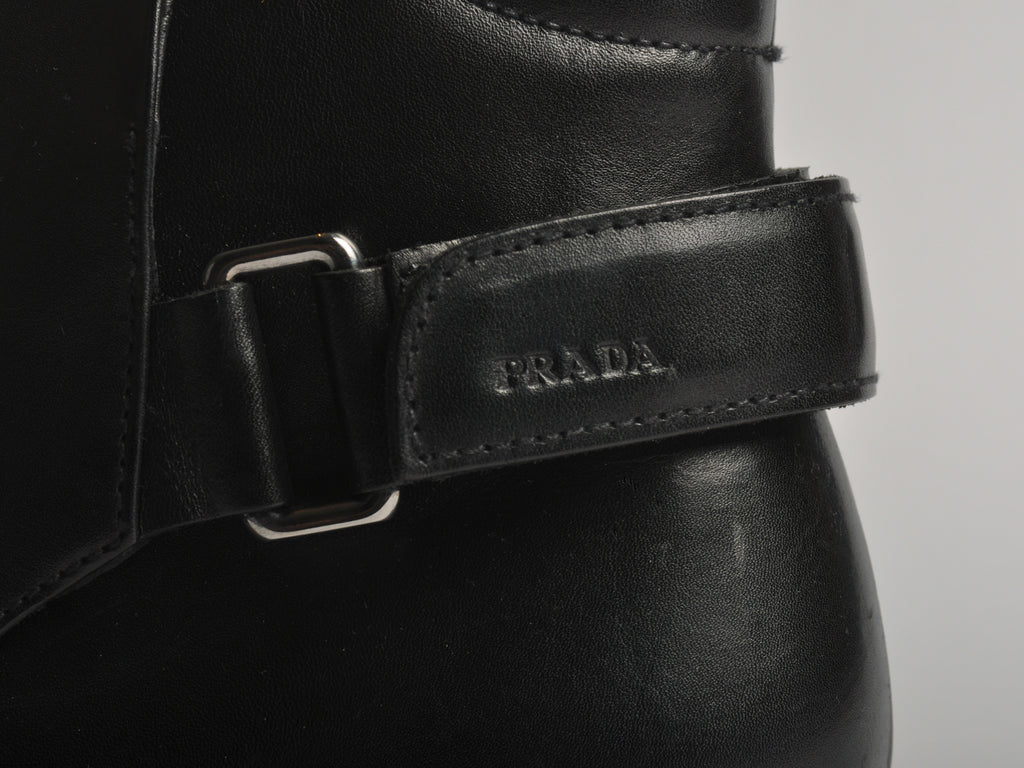 Prada Black Leather Heel Strap Boots