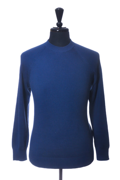 Brunello Cucinelli Blue Ribbed Cotton Crew Neck Sweater