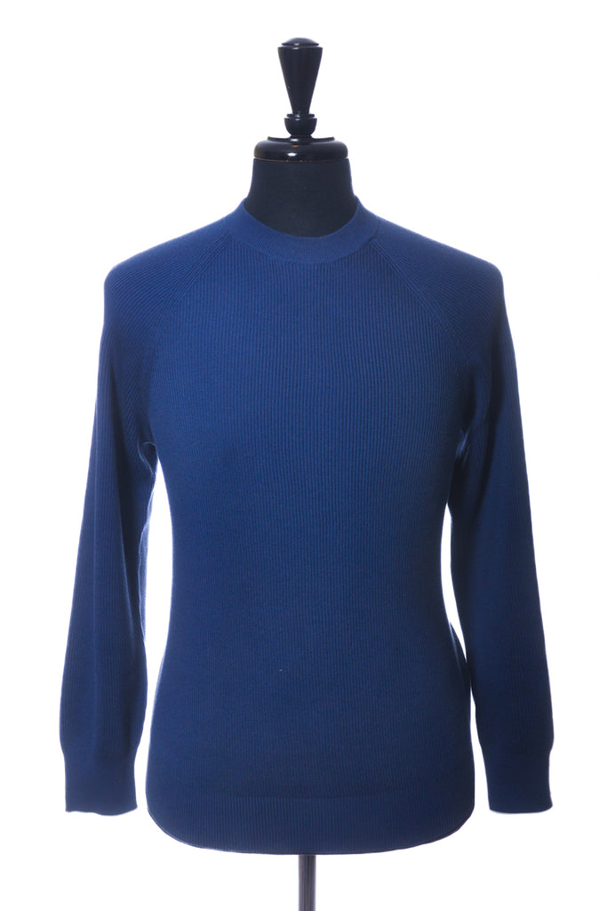 Brunello Cucinelli Blue Ribbed Cotton Crew Neck Sweater