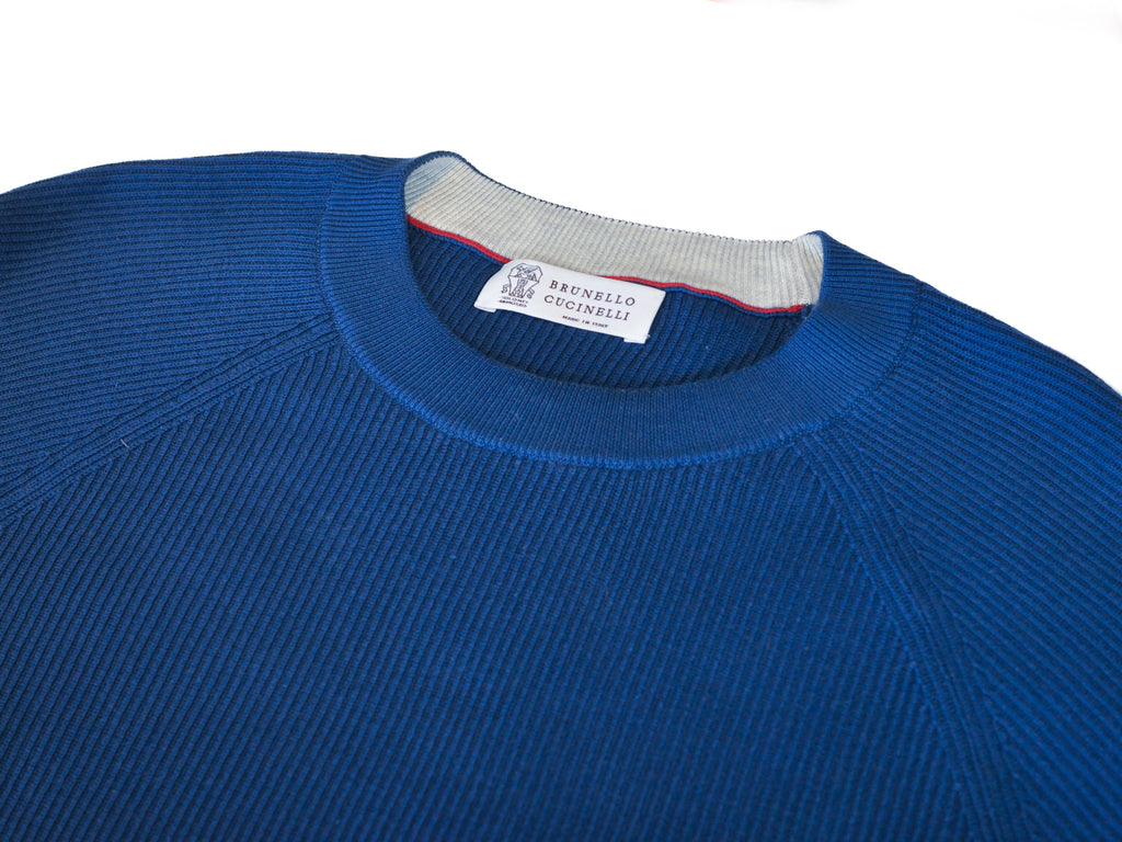 Brunello Cucinelli Blue Ribbed Cotton Crew Neck Sweater