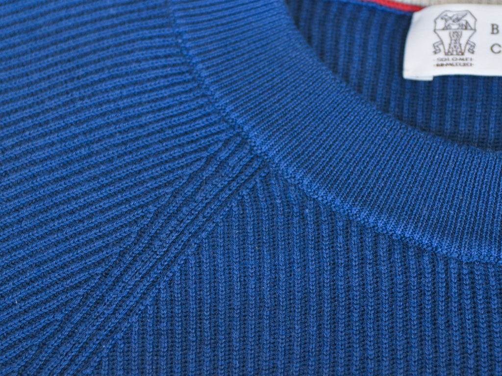 Brunello Cucinelli Blue Ribbed Cotton Crew Neck Sweater
