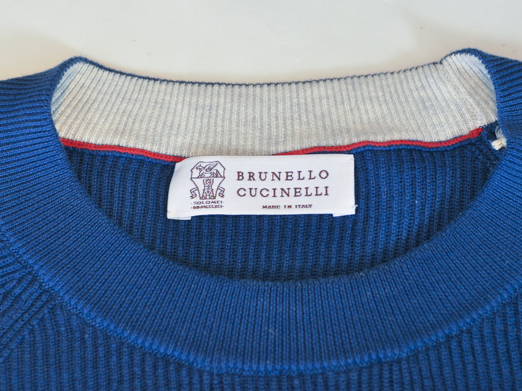 Brunello Cucinelli Blue Ribbed Cotton Crew Neck Sweater