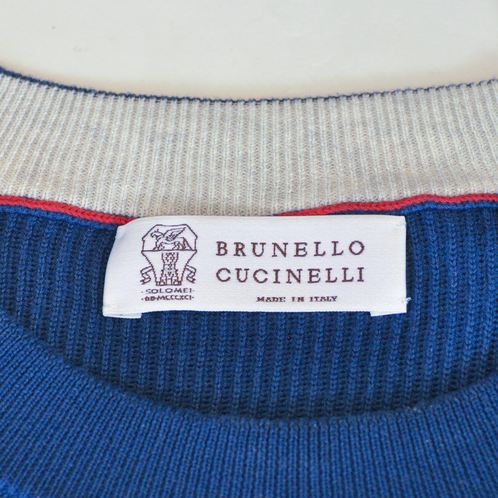 Brunello Cucinelli Blue Ribbed Cotton Crew Neck Sweater