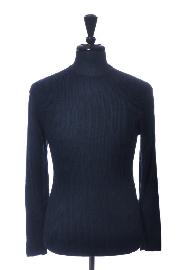 Armani Collezioni Navy Blue Silk Blend RIbbed Crew Neck Sweater