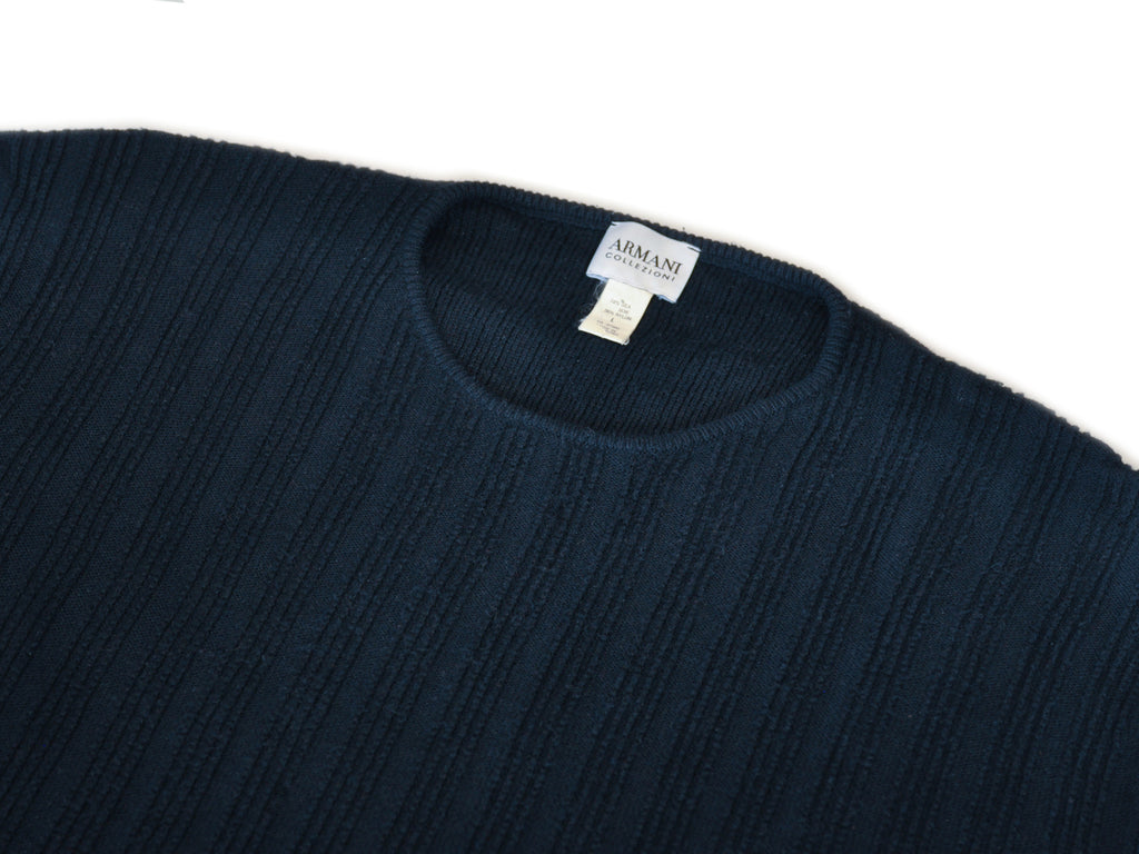 Armani Collezioni Navy Blue Silk Blend RIbbed Crew Neck Sweater