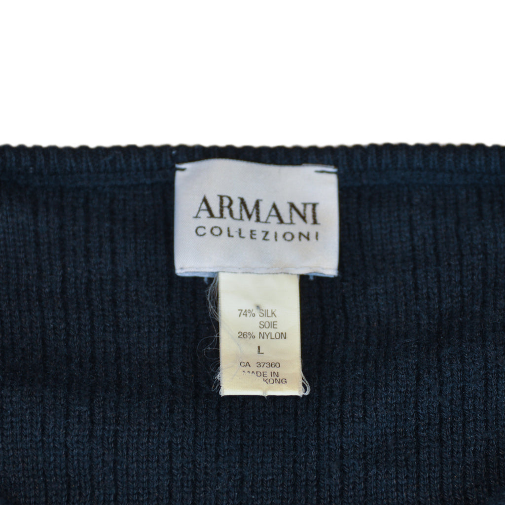 Armani Collezioni Navy Blue Silk Blend RIbbed Crew Neck Sweater