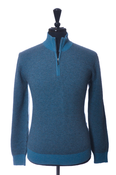 Ferrante Teal Blue Houndstooth Quarter Zip Sweater