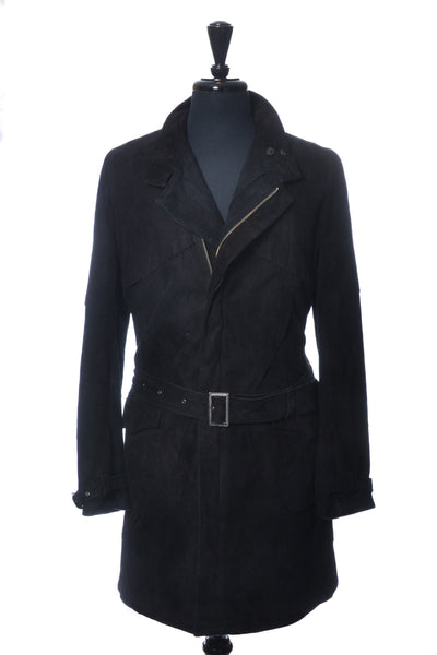 Koshin Satoh Vintage Black Sheepskin Suede Belted Coat