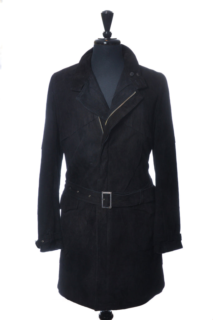 Koshin Satoh Vintage Black Sheepskin Suede Belted Coat