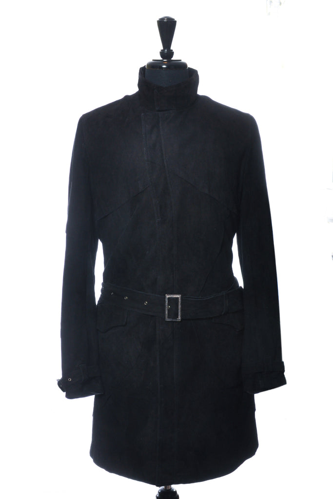 Koshin Satoh Vintage Black Sheepskin Suede Belted Coat