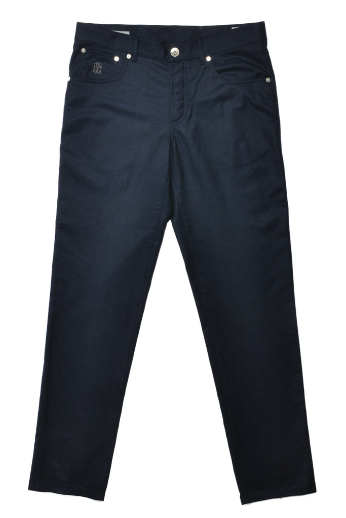 Brunello Cucinelli Navy Blue Flannel 5-Pocket Pants
