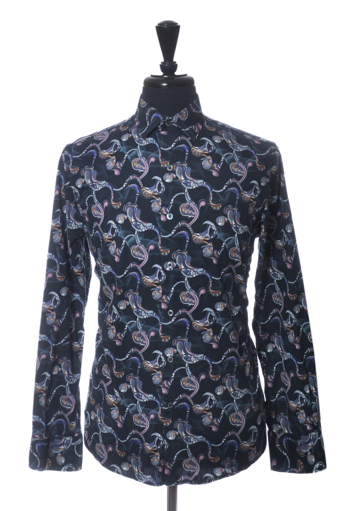 Bugatchi Navy Blue Print Shaped Fit Shirt