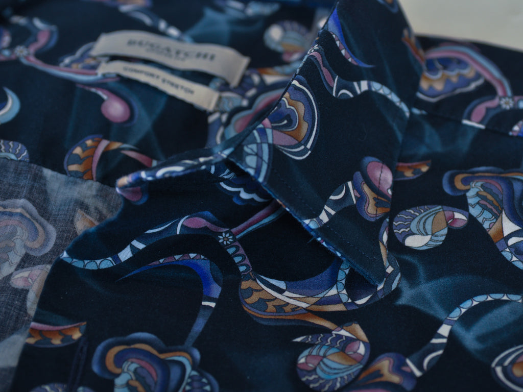 Bugatchi Navy Blue Print Shaped Fit Shirt