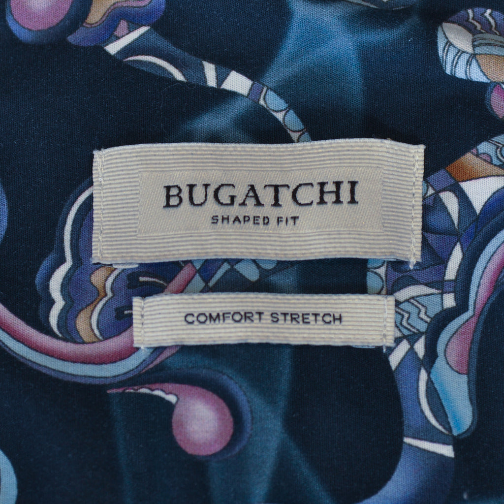 Bugatchi Navy Blue Print Shaped Fit Shirt