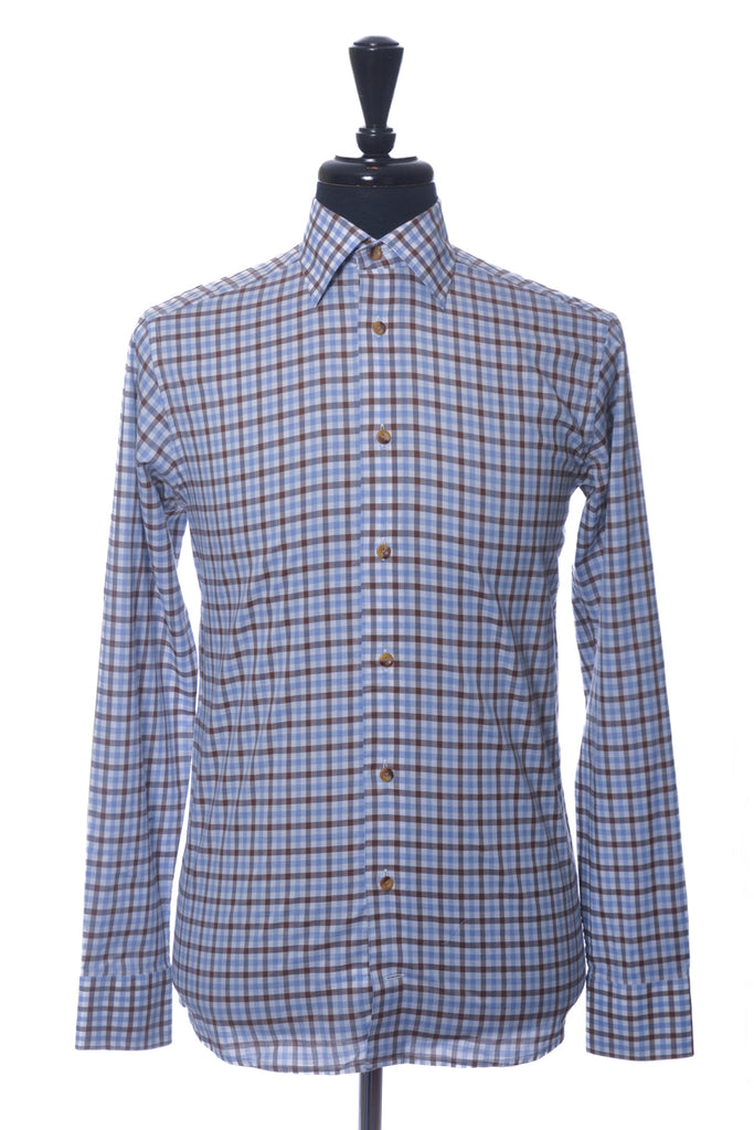 Eton Brown and Blue Check Light Weight Flannel Slim Fit Dress Shirt