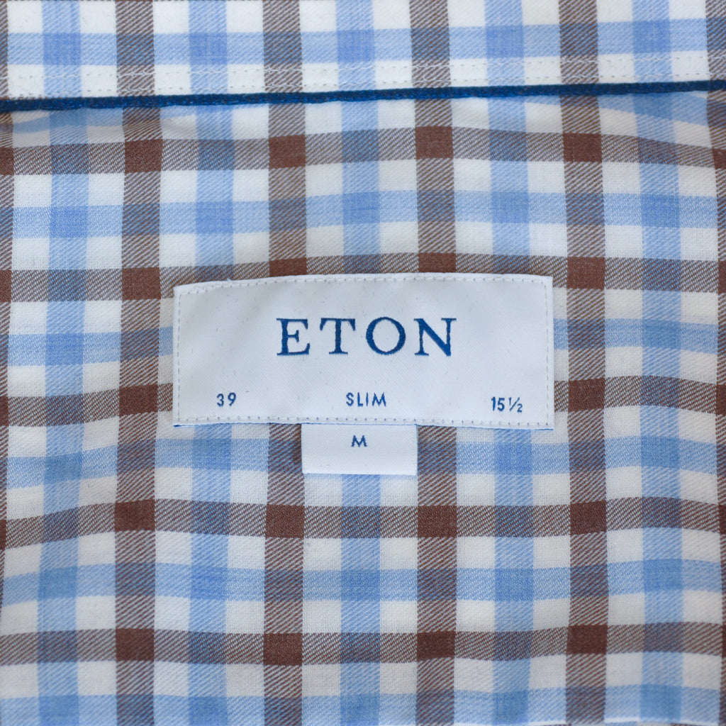 Eton Brown and Blue Check Light Weight Flannel Slim Fit Dress Shirt