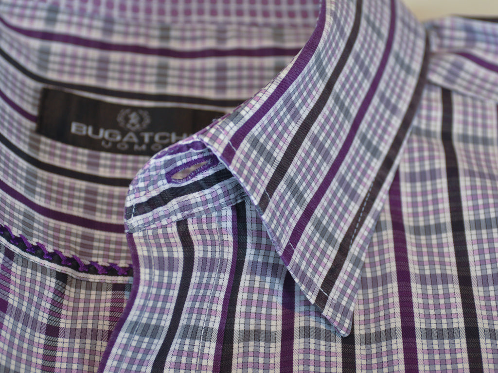Bugatchi Purple Striped Check Dress Shirt