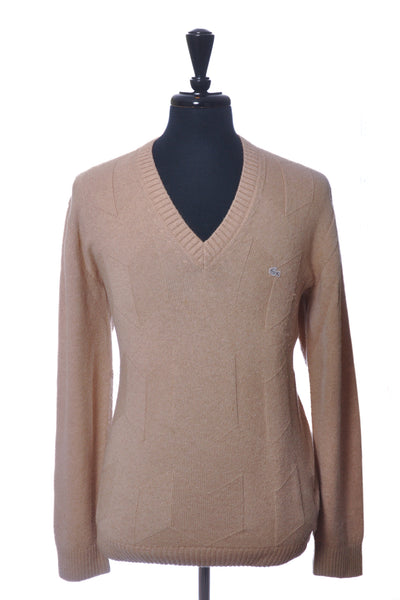 Lacoste Brown Chevron Knit Camel Hair V-Neck Sweater