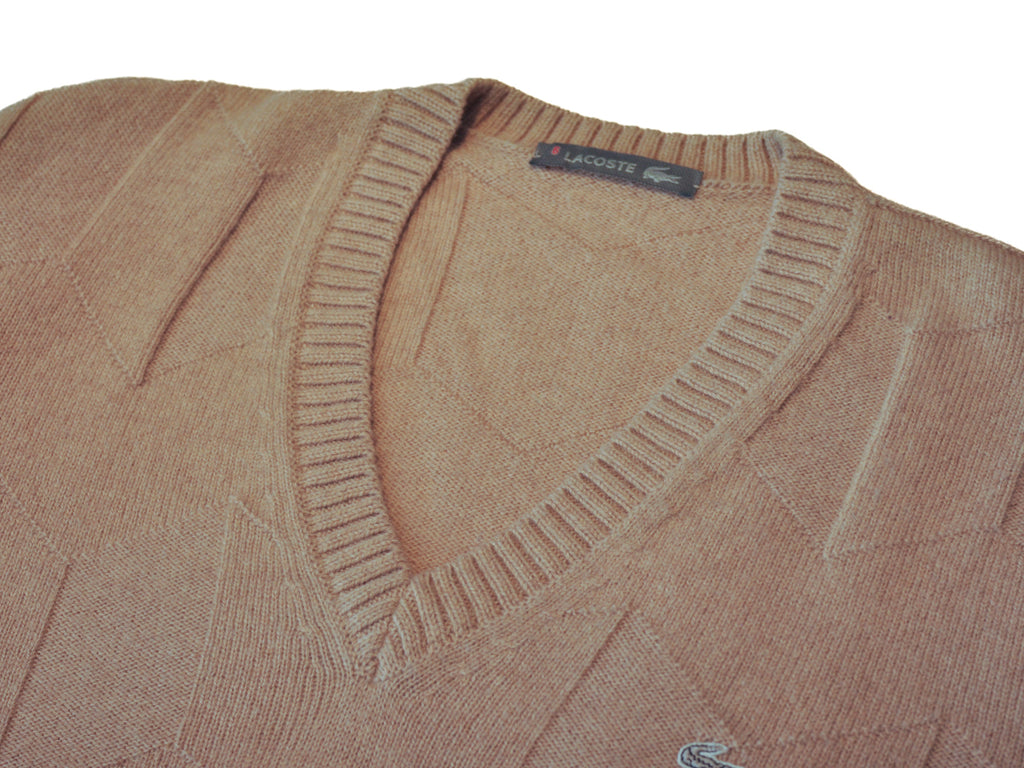 Lacoste Brown Chevron Knit Camel Hair V-Neck Sweater