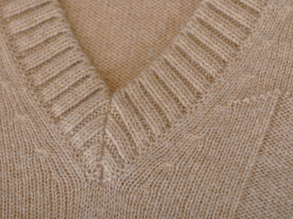 Lacoste Brown Chevron Knit Camel Hair V-Neck Sweater