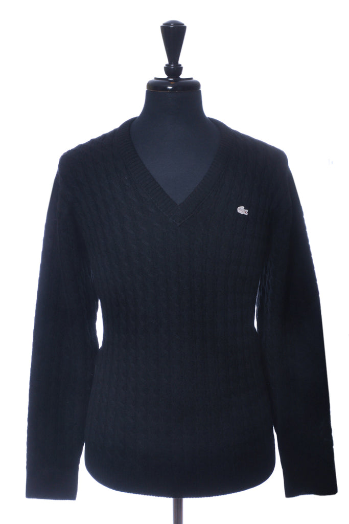 Lacoste Black Cable Knit V-Neck Sweater