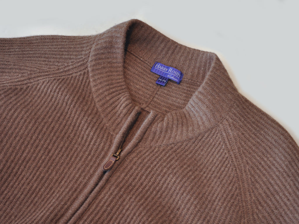 Harry Rosen Brown Ribbed Cashmere Full Zip Sweater