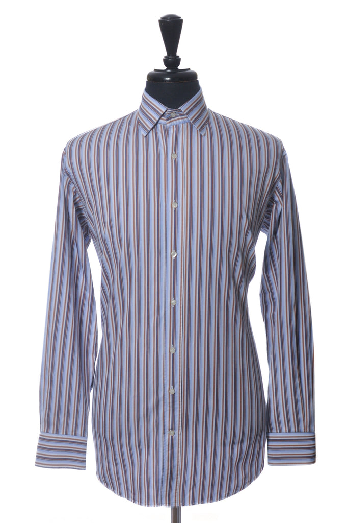 Etro Brown on Blue Striped Dress Shirt