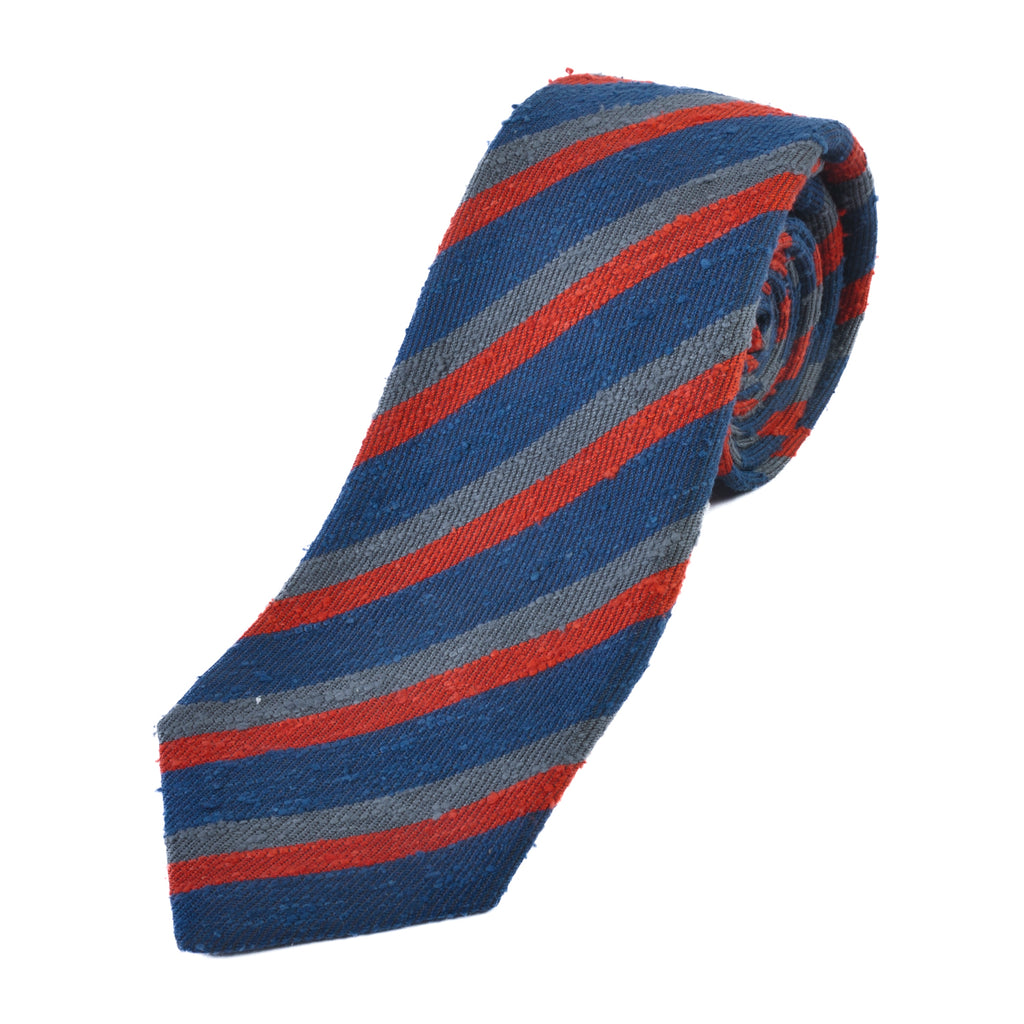 Kiton Red and Blue Striped Raw Silk Tie
