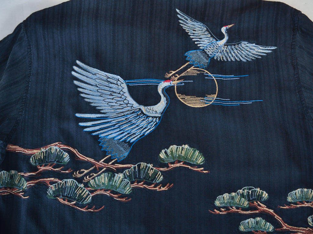 Tori Richard Vintage Black Silk Japanese Crane Emboidered Shirt
