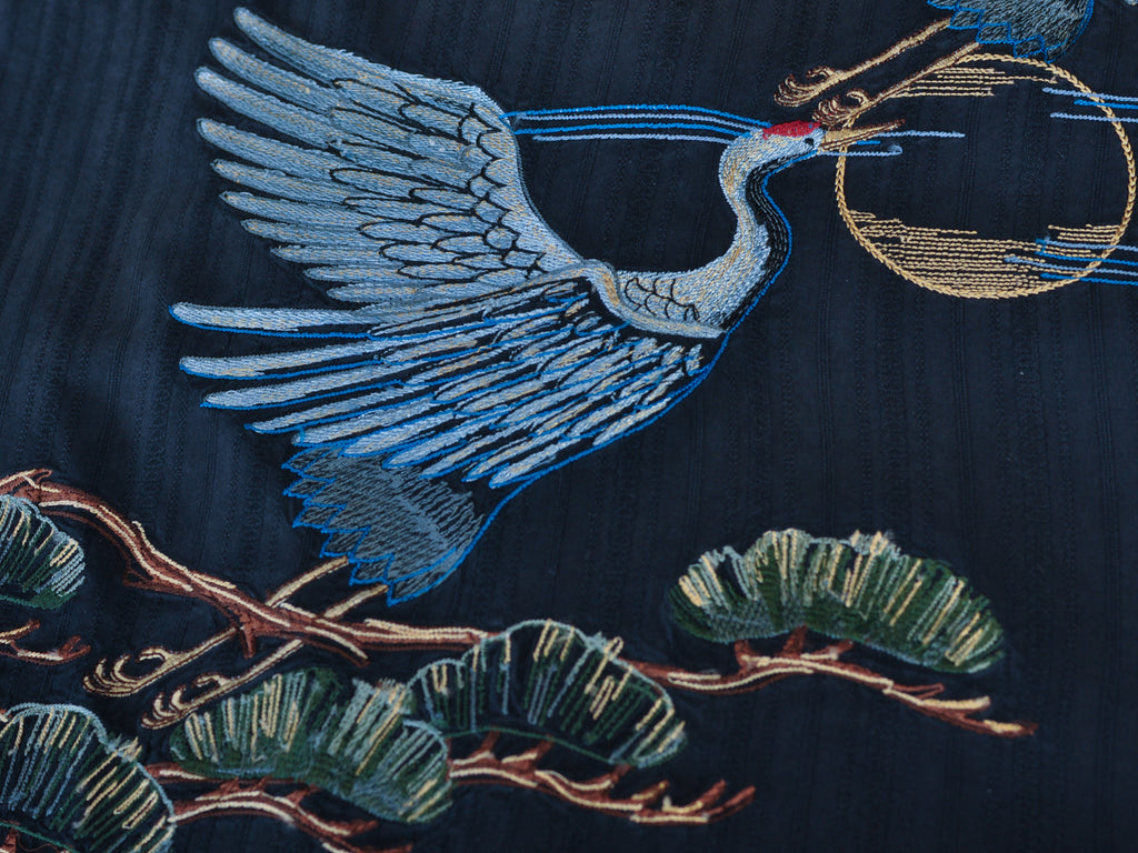 Tori Richard Vintage Black Silk Japanese Crane Emboidered Shirt