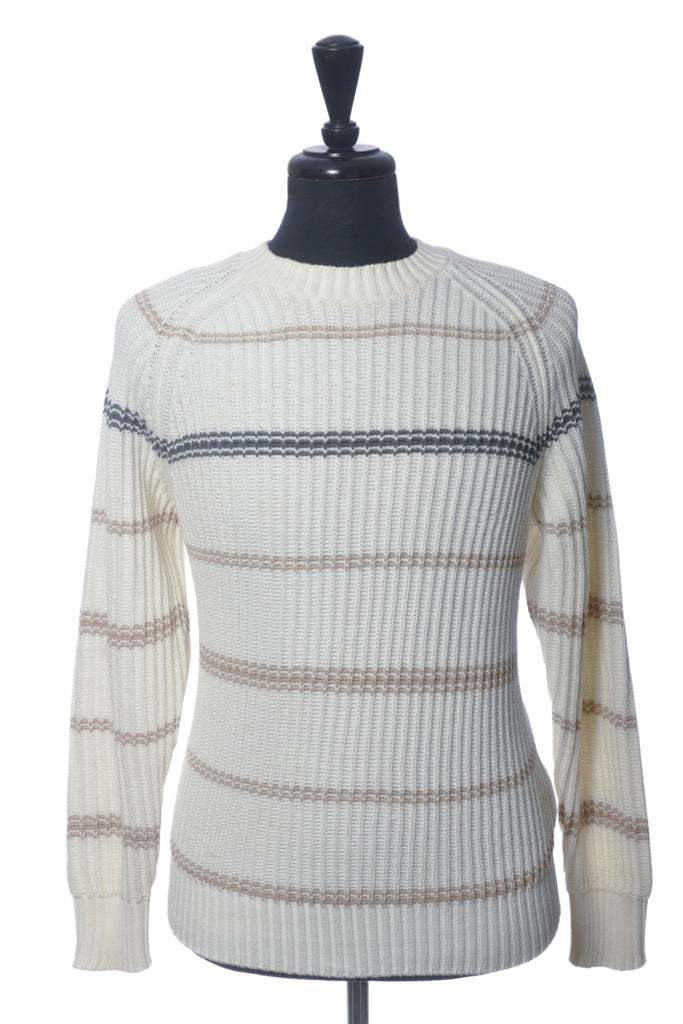 Brunello Cucinelli Off-White Striped Ribbed Crew Neck Sweater