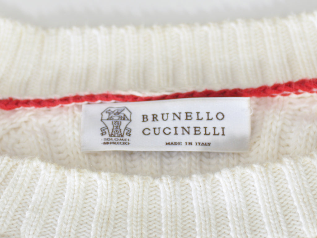 Brunello Cucinelli Off-White Striped Ribbed Crew Neck Sweater